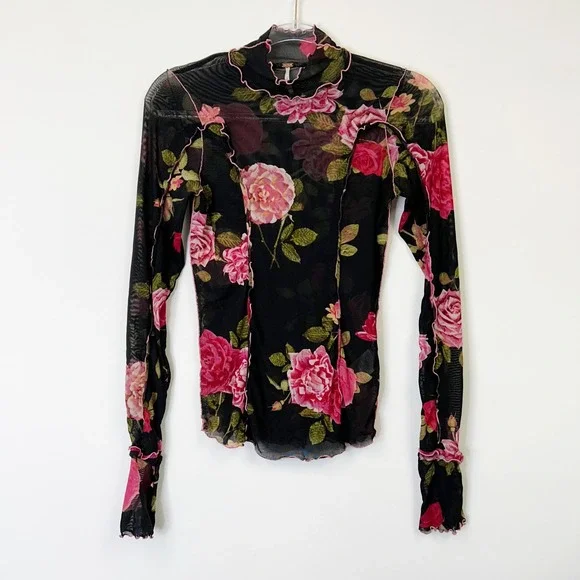 Free People Charlie Sheer Mesh Floral Top Women's Small Lettuce Neck Whimsigoth - Picture 2 of 8